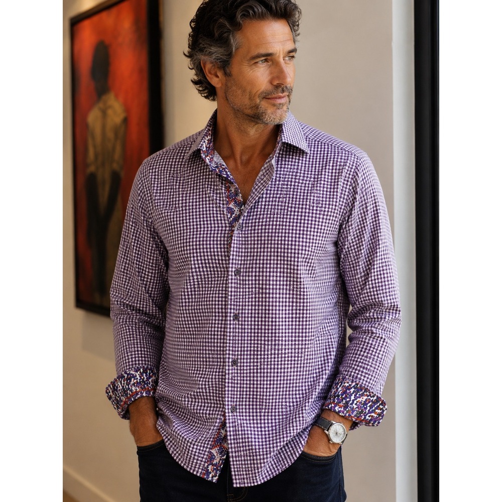 Robert Graham XL Purple Check Egyptian Cotton Shirt Classic Fit Contrast Trim